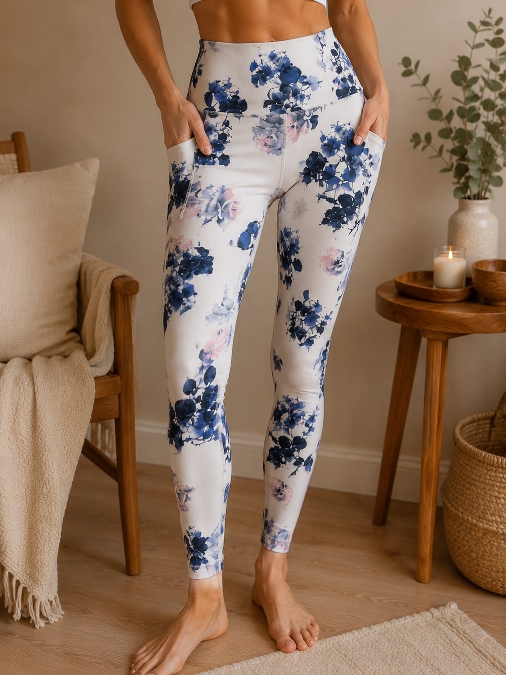 Floral High Waist Yoga Leggings | Blue & Blush Rose Print | Boutique Activewear